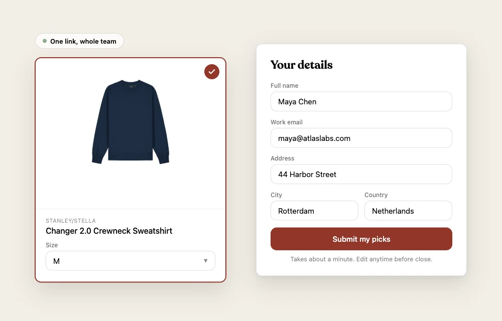 Team swag store with product picks and a checkout form