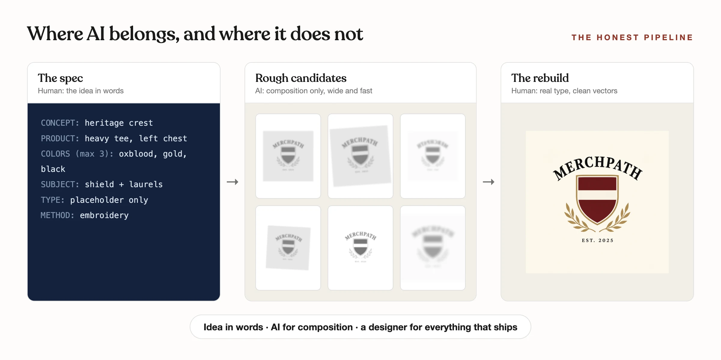 The honest AI pipeline: a written spec, rough AI composition candidates, and the final design rebuilt by hand