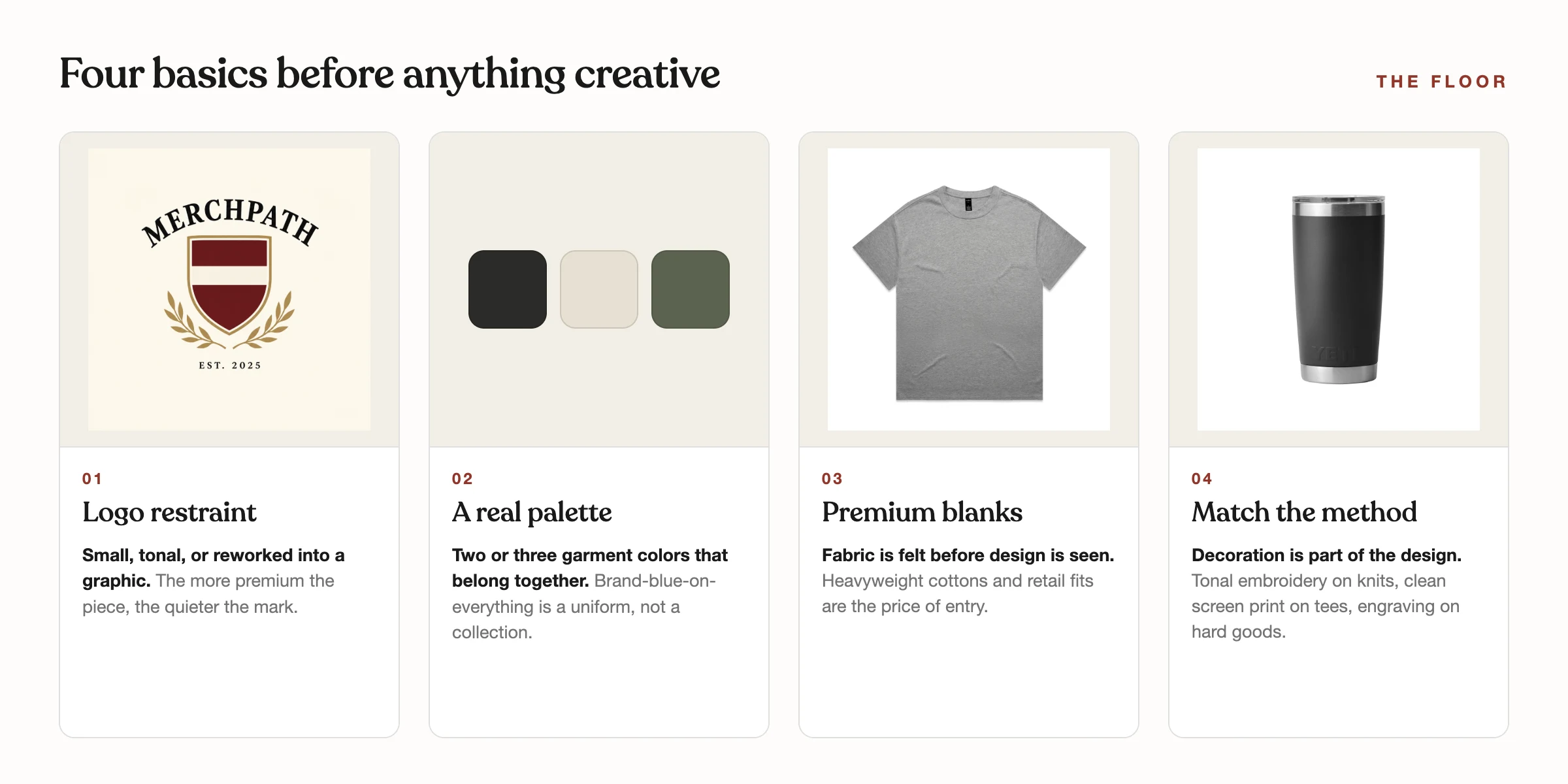 Four panels showing the basics of premium merch: logo restraint, a real color palette, premium blanks, and matching the decoration method