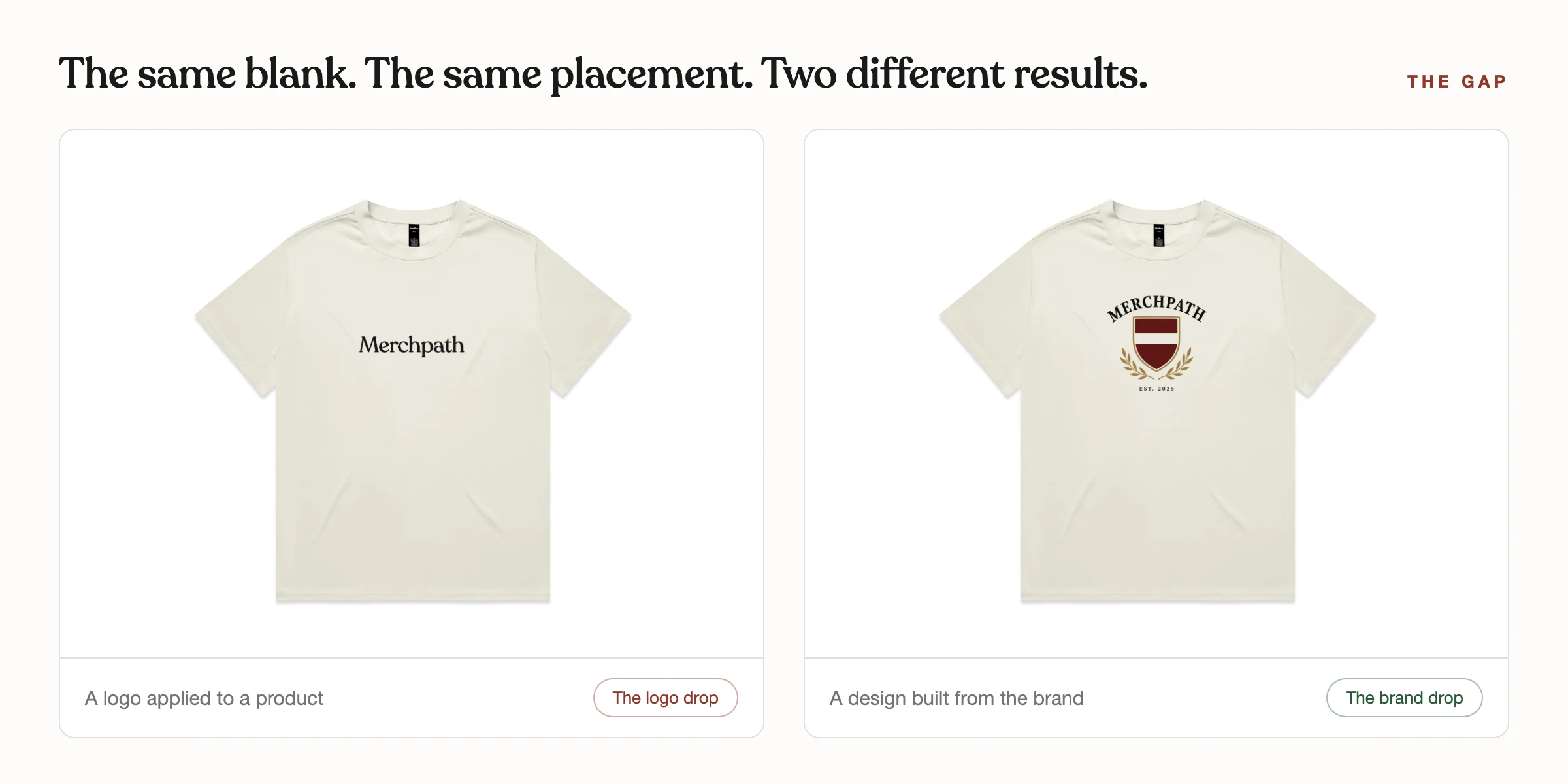 The same heavyweight tee twice: a plain wordmark logo on the chest versus an original crest design in the same placement