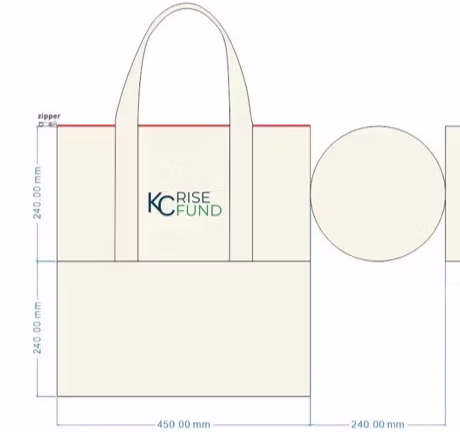 KCRise Fund branded duffle bag — front view