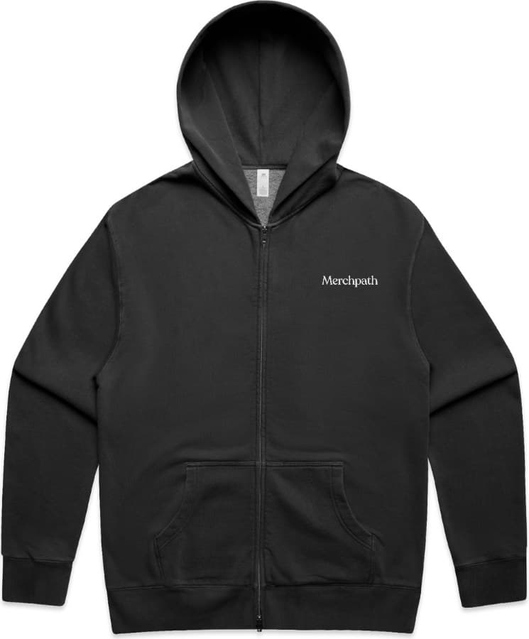Faded black zip hoodie, blank then with the Merchpath logo