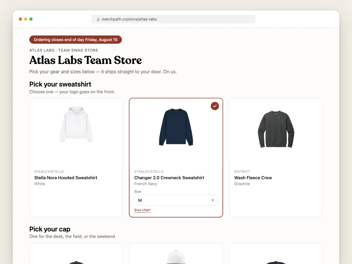 A company swag store page where an employee picks a branded sweatshirt and size
